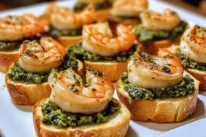 Krewetki w sosie cytrynowym z krostini z pesto to pyszne danie.