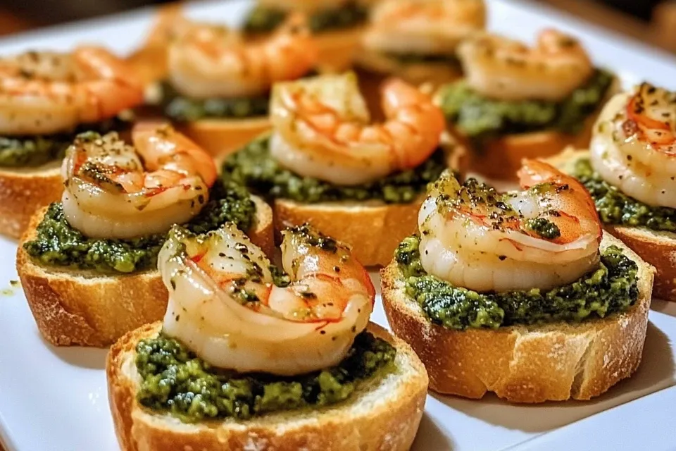Krewetki w sosie cytrynowym z krostini z pesto to pyszne danie.
