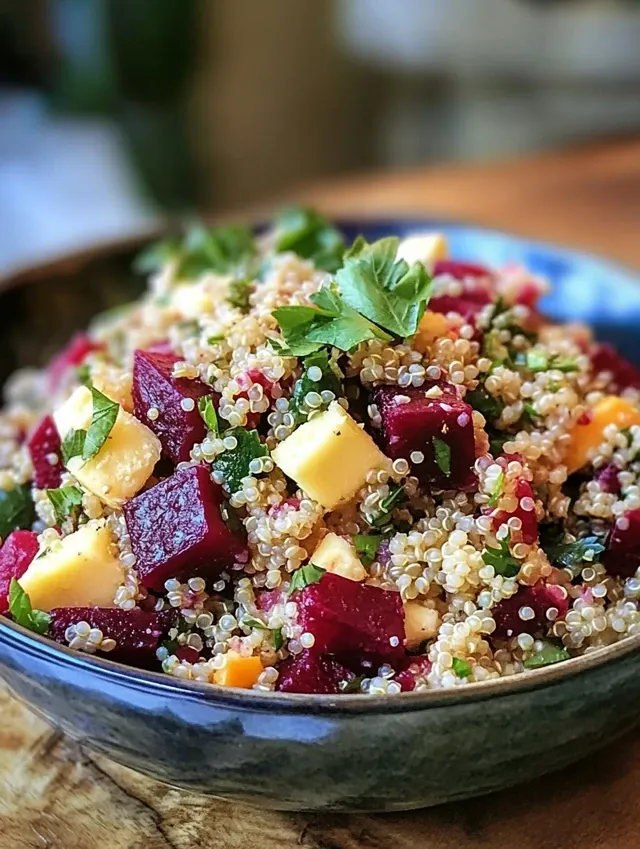 sałatka z pieczonymi burakami i kaszą quinoa z serem feta i sosem cytrynowym