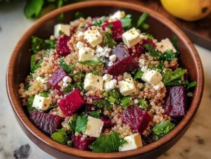 sałatka z pieczonymi burakami i kaszą quinoa z serem feta i sosem cytrynowym