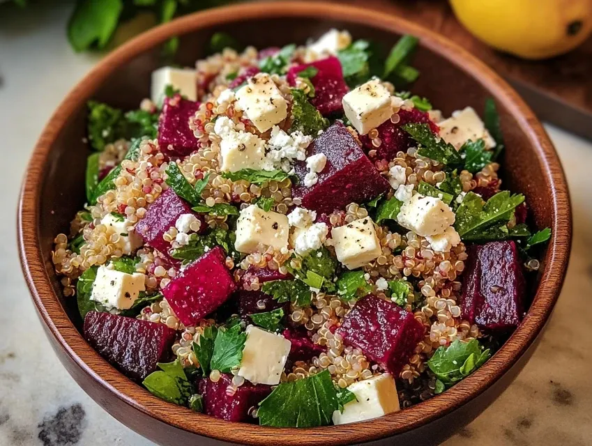 sałatka z pieczonymi burakami i kaszą quinoa z serem feta i sosem cytrynowym