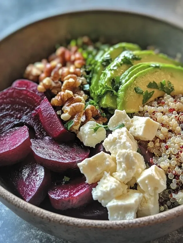 sałatka z pieczonymi burakami i kaszą quinoa z serem feta i sosem cytrynowym 