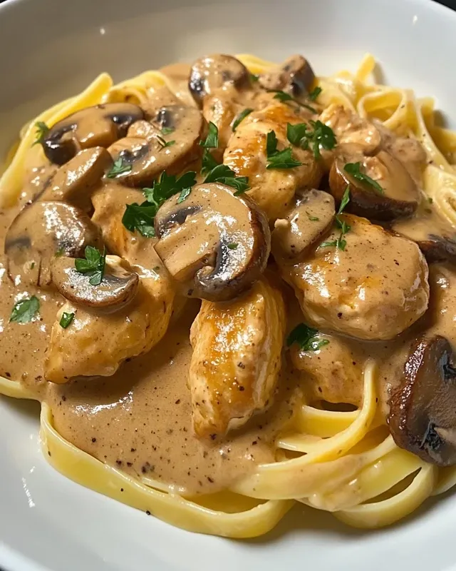 kremowe tagiatelle z pieczarkami i kurczakiem