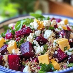 sałatka z pieczonymi burakami i kaszą quinoa z serem feta i sosem cytrynowym