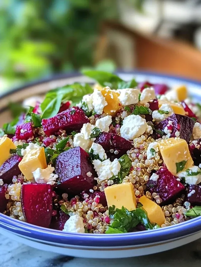 sałatka z pieczonymi burakami i kaszą quinoa z serem feta i sosem cytrynowym
