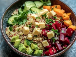 sałatka z pieczonymi burakami i kaszą quinoa z serem feta i sosem cytrynowym