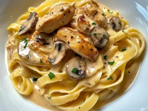 kremowe tagiatelle z pieczarkami i kurczakiem
