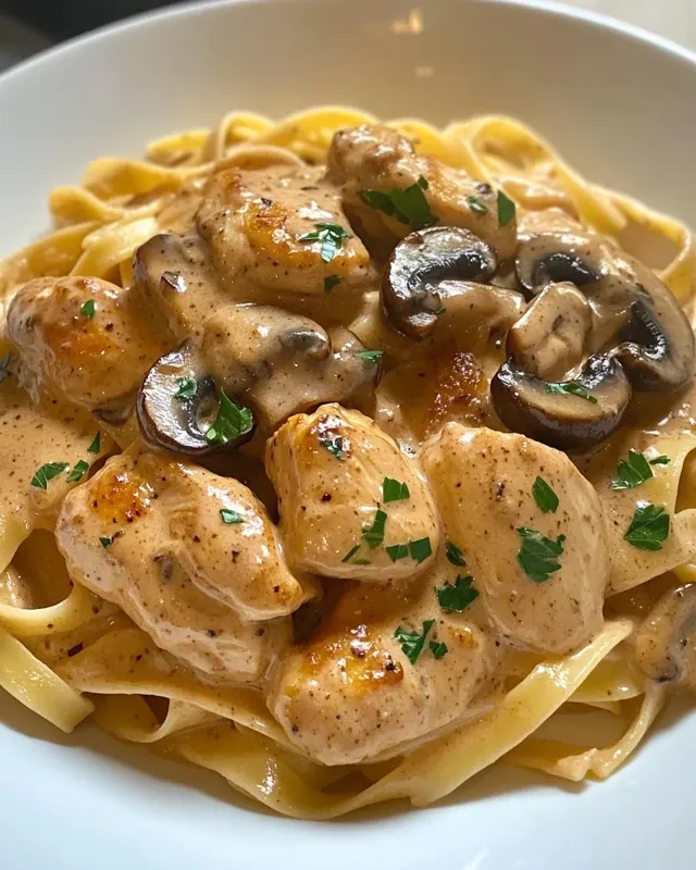 kremowe tagiatelle z pieczarkami i kurczakiem