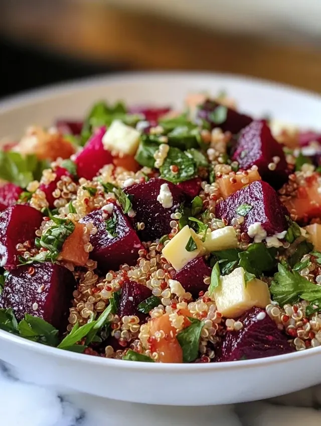 sałatka z pieczonymi burakami i kaszą quinoa z serem feta i sosem cytrynowym