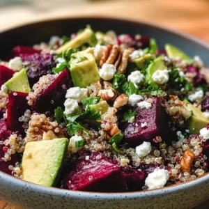 sałatka z pieczonymi burakami i kaszą quinoa z serem feta i sosem cytrynowym