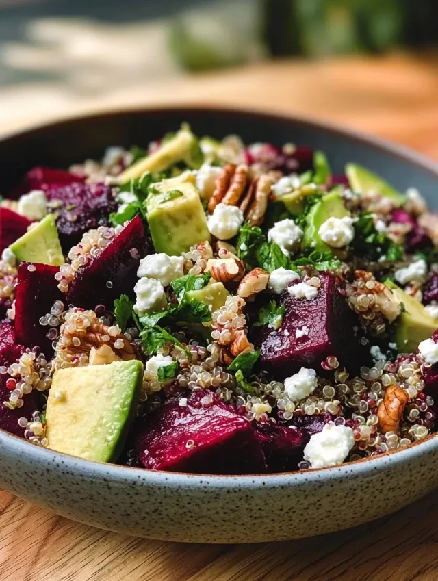 sałatka z pieczonymi burakami i kaszą quinoa z serem feta i sosem cytrynowym 