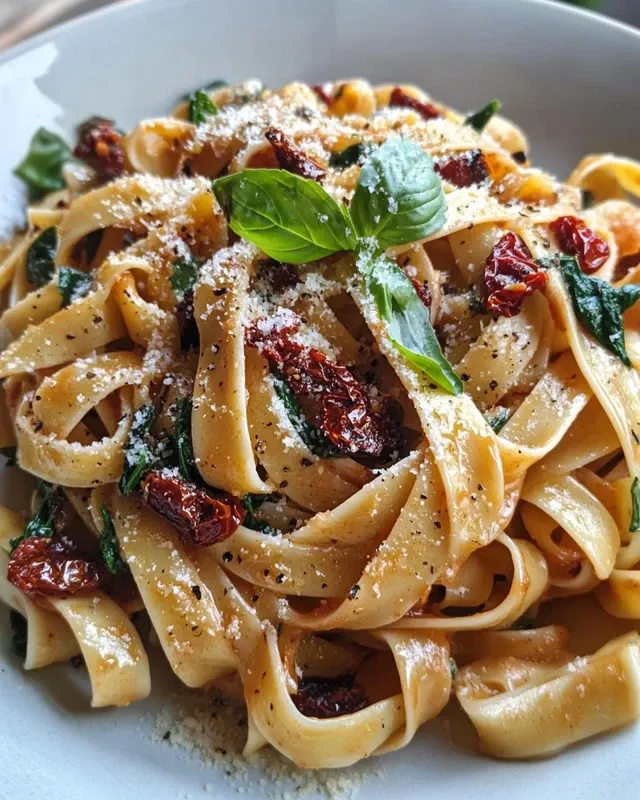 tagiatelle z suszonymi pomidorami i szpinakiem 