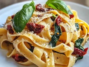 tagiatelle z suszonymi pomidorami i szpinakiem