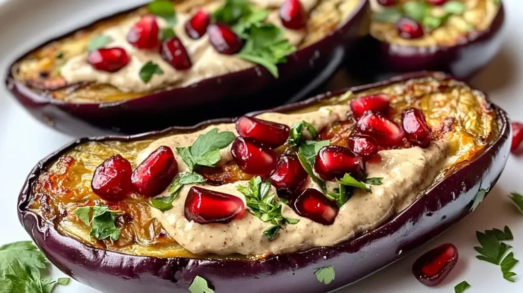 pieczony bakłażan z tahini i granatem