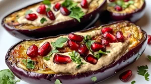 pieczony bakłażan z tahini i granatem