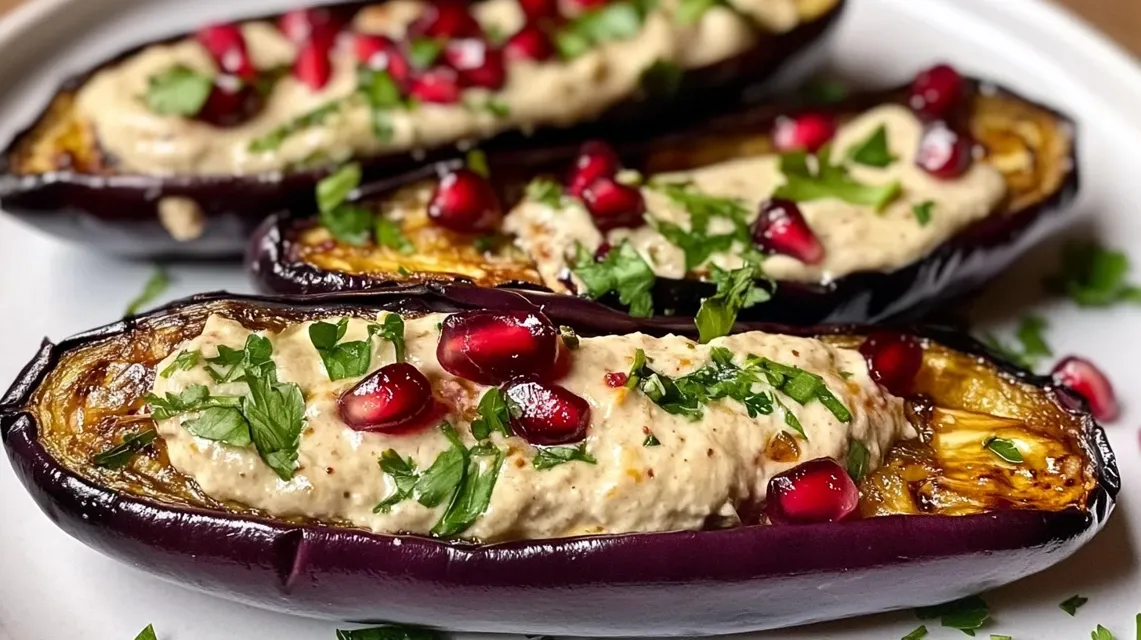 pieczony bakłażan z tahini i granatem