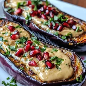pieczony bakłażan z tahini i granatem