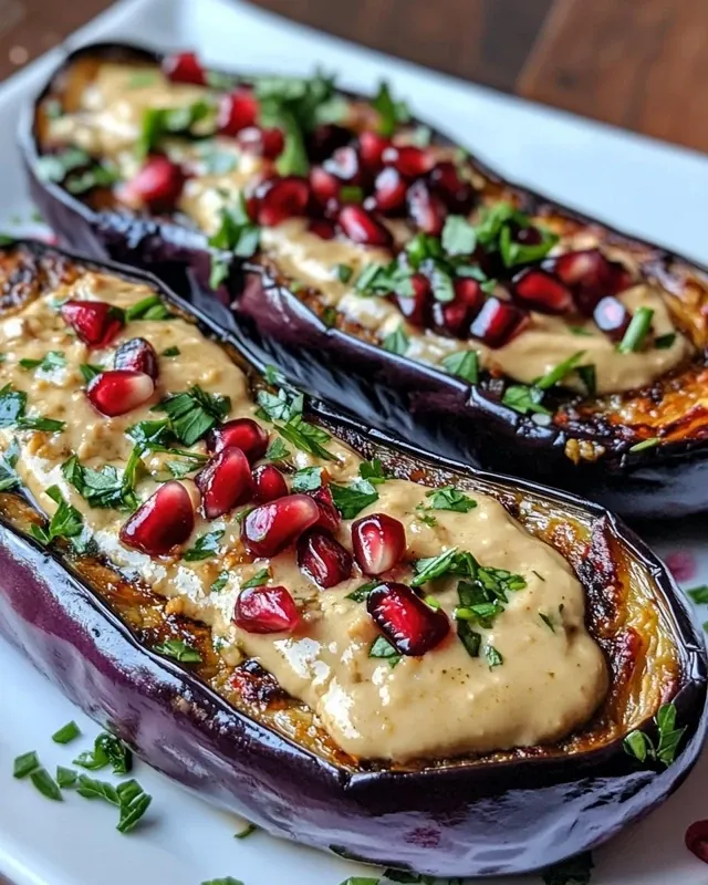 pieczony bakłażan z tahini i granatem