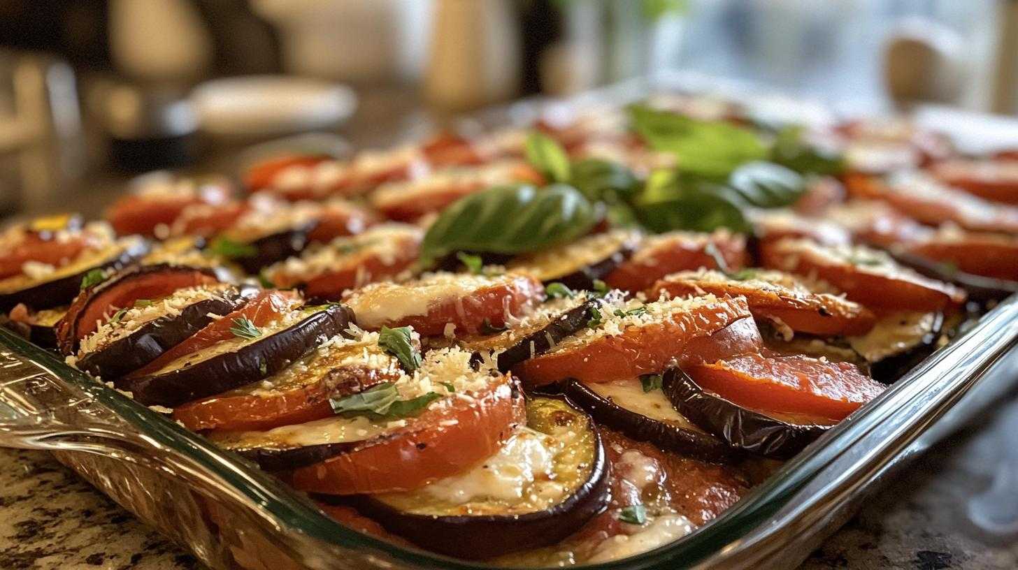 bakłażan zapiekany z pomidorami i mozzarellą